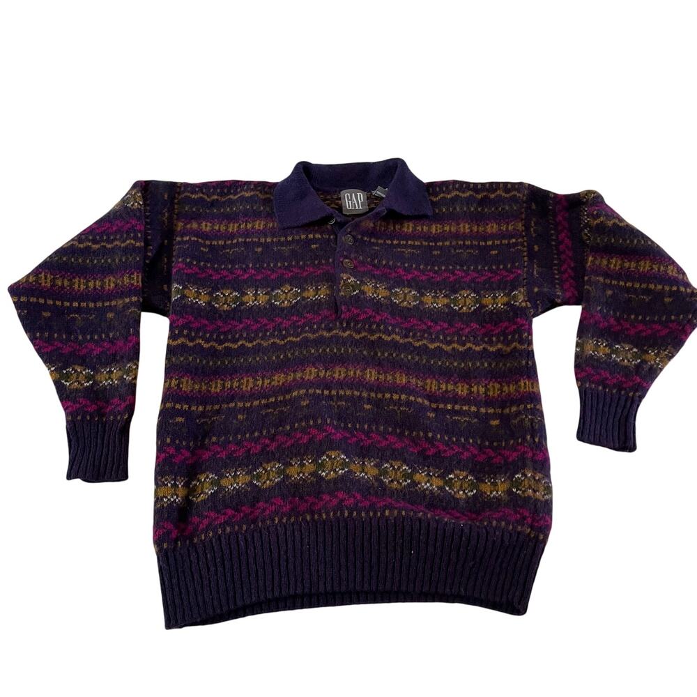 Vtg Y2K 2000s Gap Purple 100% Wool Printed Polo Pullover Sweater Men's Sz S
